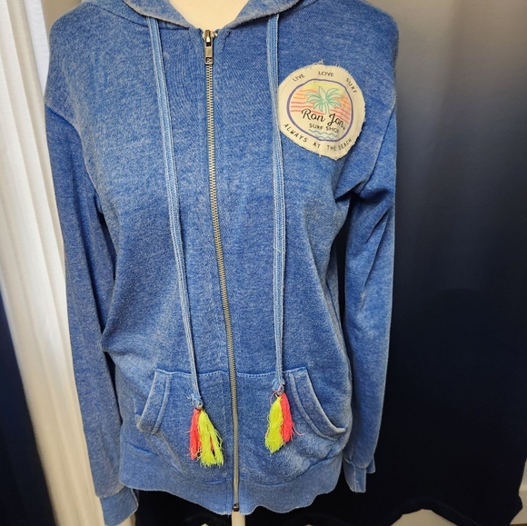 Blue zip up hoodie with hot pink and yellow tassels - Picture 3 of 6